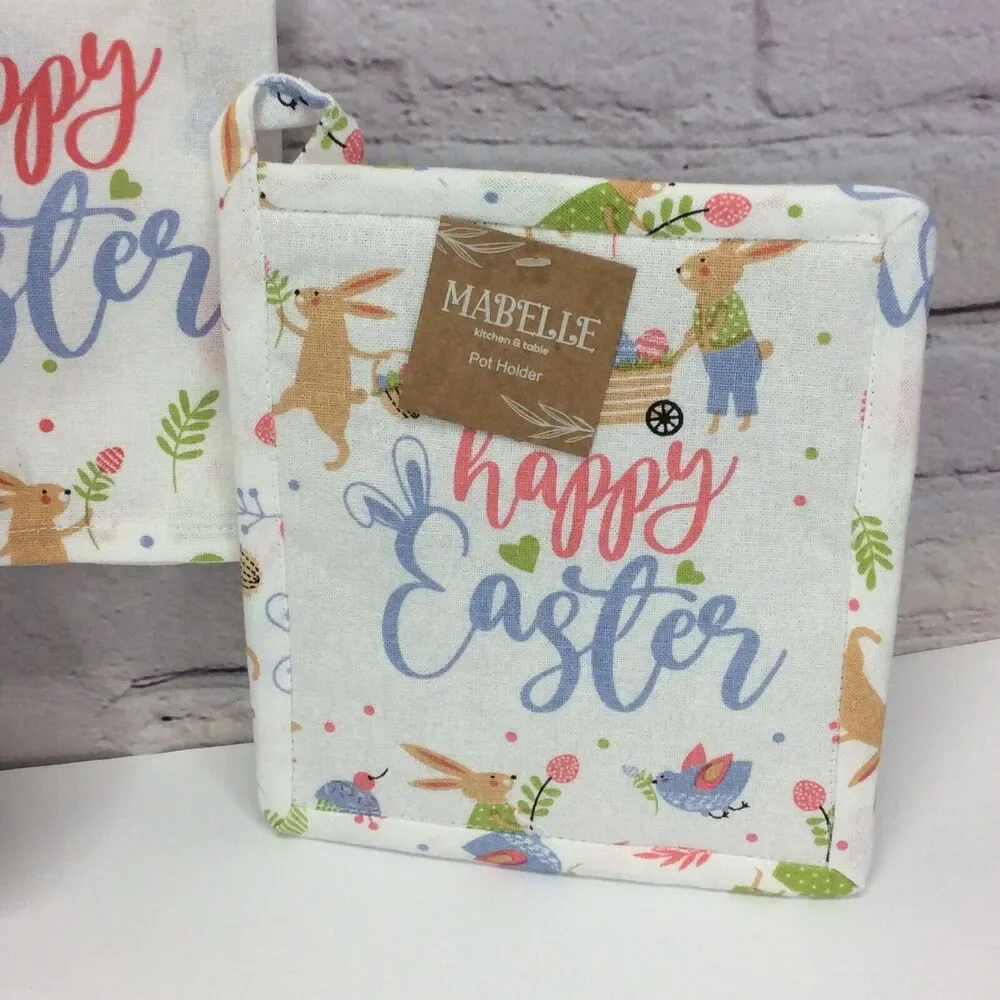 Happy Easter 3 Pc Kitchen Set Spring Pastel Blue Dish Towel/Pot Holder/Oven Mitt